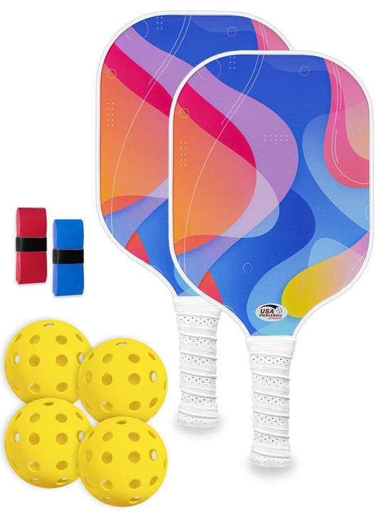 Swirl Coloured Fibreglass Pickleball Paddle Set with 4 Balls