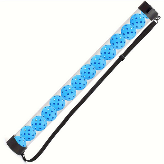 14-Piece Blue 40 Hole Pickleball Balls with Clear Pickleball Ball Retriever Tube for Indoor / Outdoor Play - No Bending Ball Collector with Shoulder Strap and Fence Hook - Practical Pickleball Court Accessory