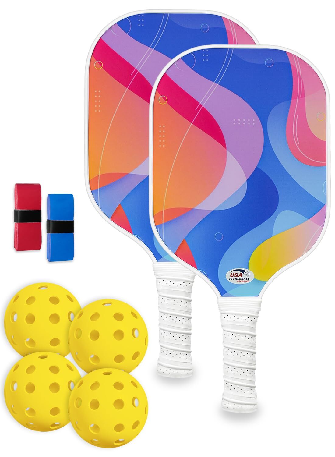 Swirl Coloured Pickleball Paddle Set with 4 Balls – Fiberglass Surface, Lightweight Grip