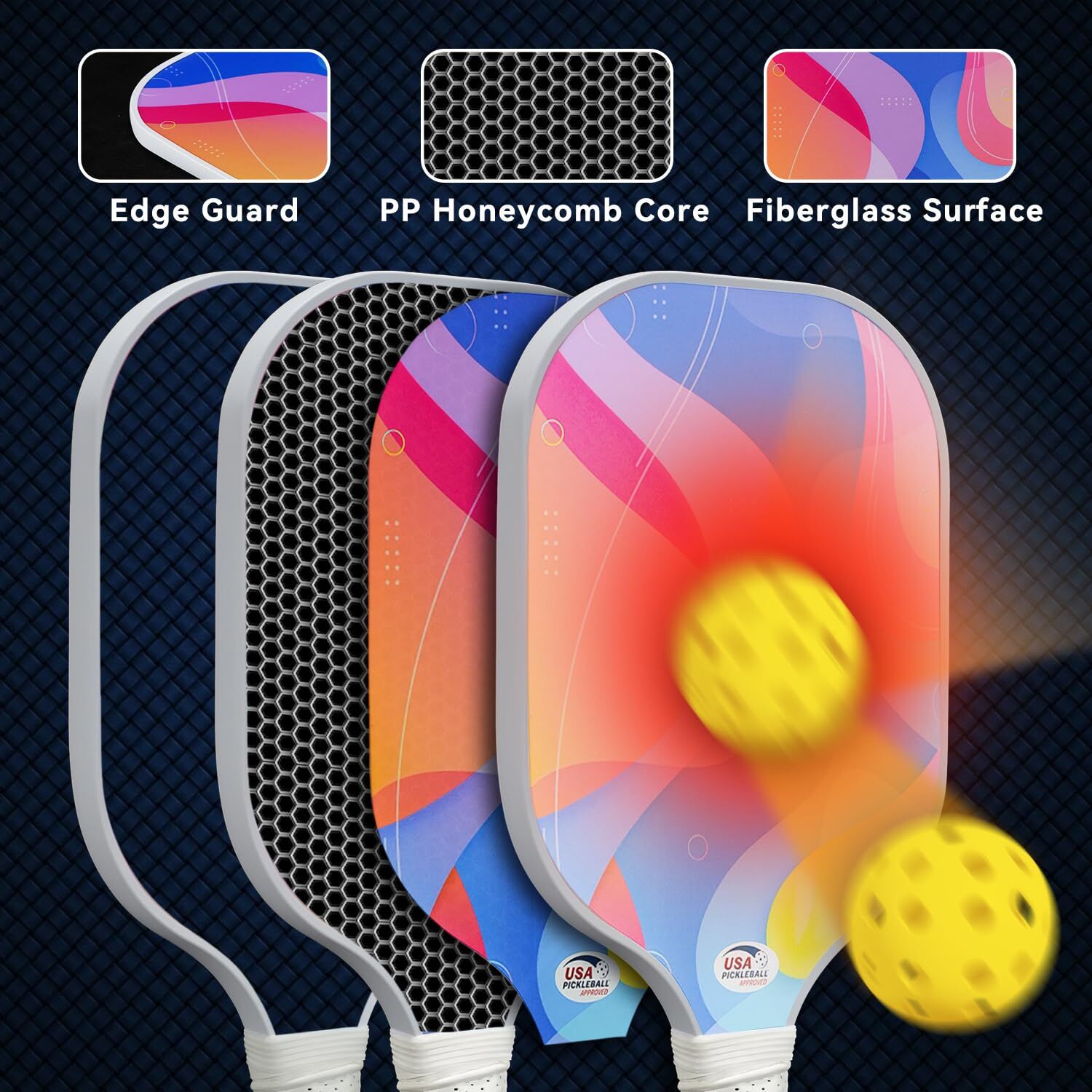 Swirl Coloured Pickleball Paddle Set with 4 Balls – Fiberglass Surface, Lightweight Grip
