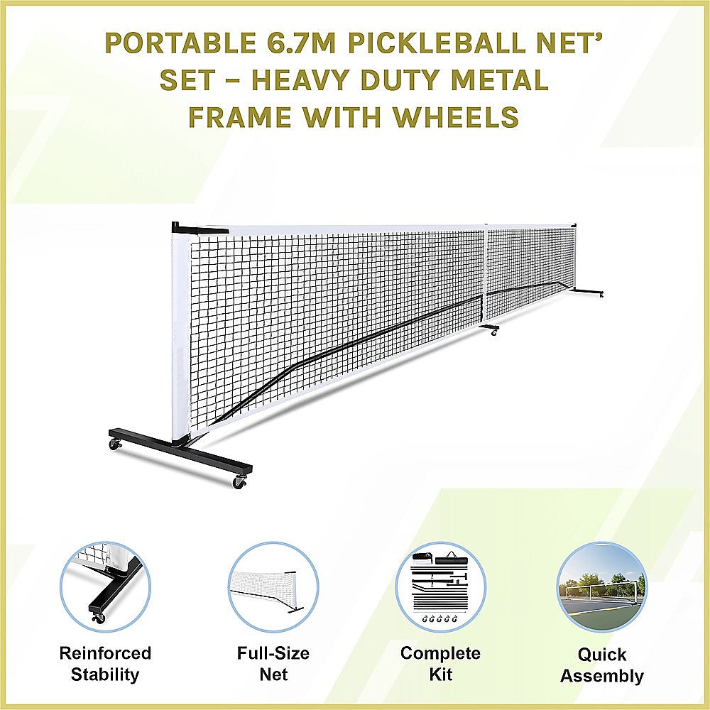 Portable 6.7m Pickleball Net Set – Heavy Duty Metal Frame with Wheels