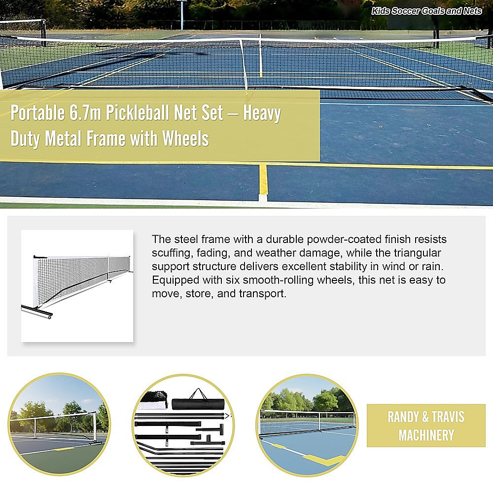 Portable 6.7m Pickleball Net Set – Heavy Duty Metal Frame with Wheels