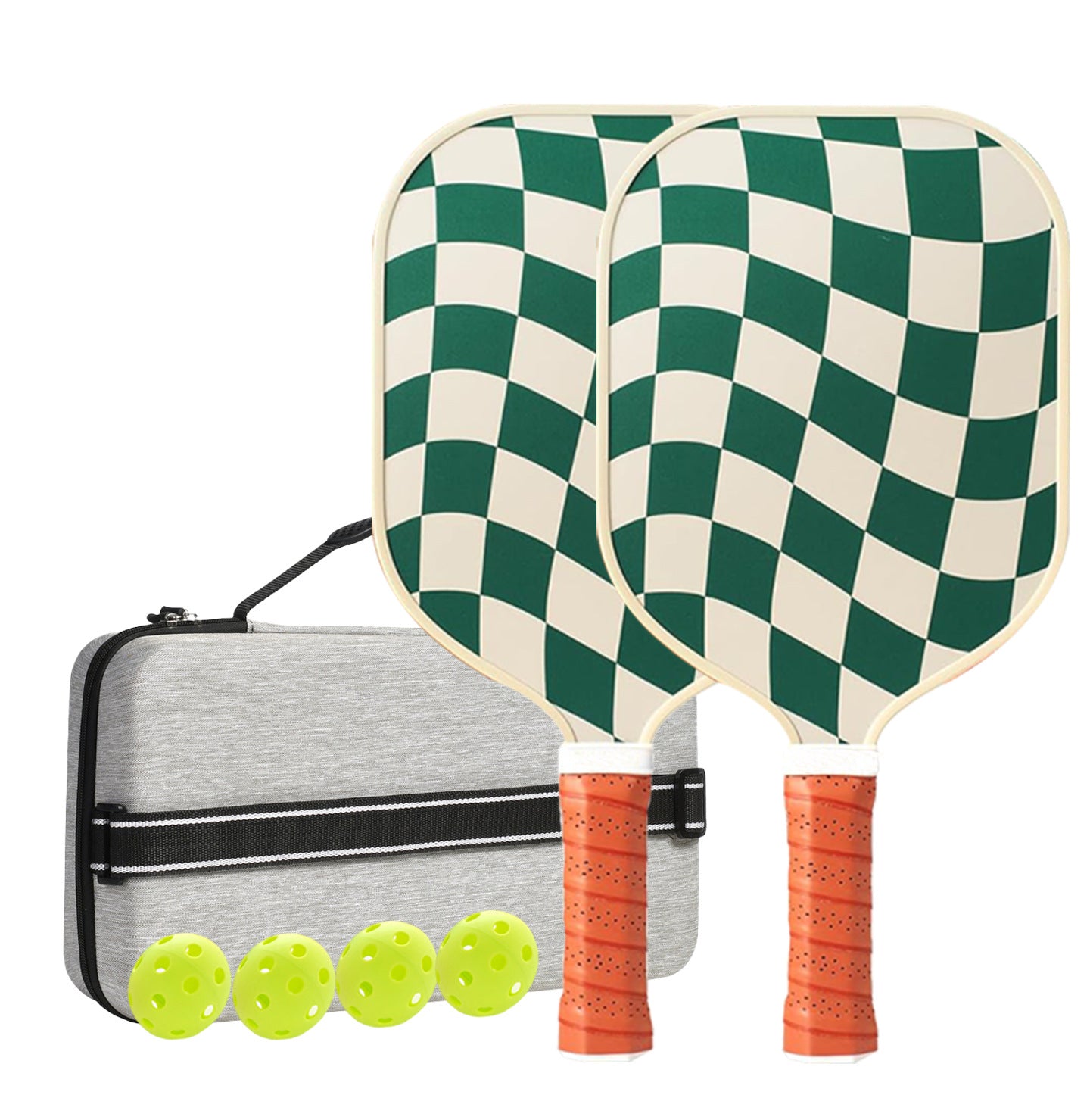 White And Green Checkers T700 Carbon Fiber Pickleball Paddle Set - 2 Paddles, 4 Balls, and Carry Bag