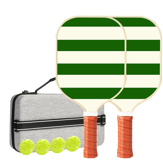 White And Green Horizontal Stripes Carbon Fiber Paddle Set - 2 Paddles, 4 Balls, and Carry Bag