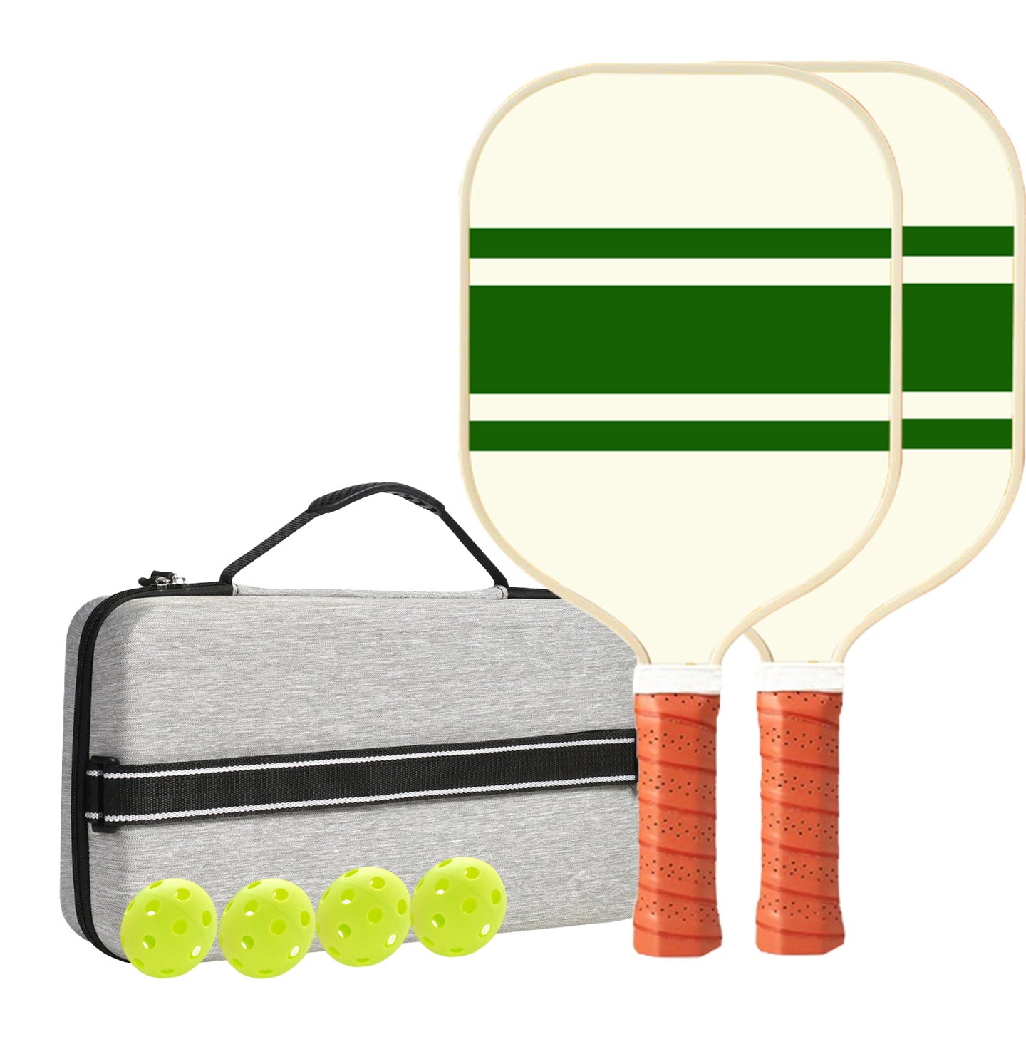 White With Green Stripes Carbon Fiber Paddle Set - 2 Paddles, 4 Balls, and Carry Bag