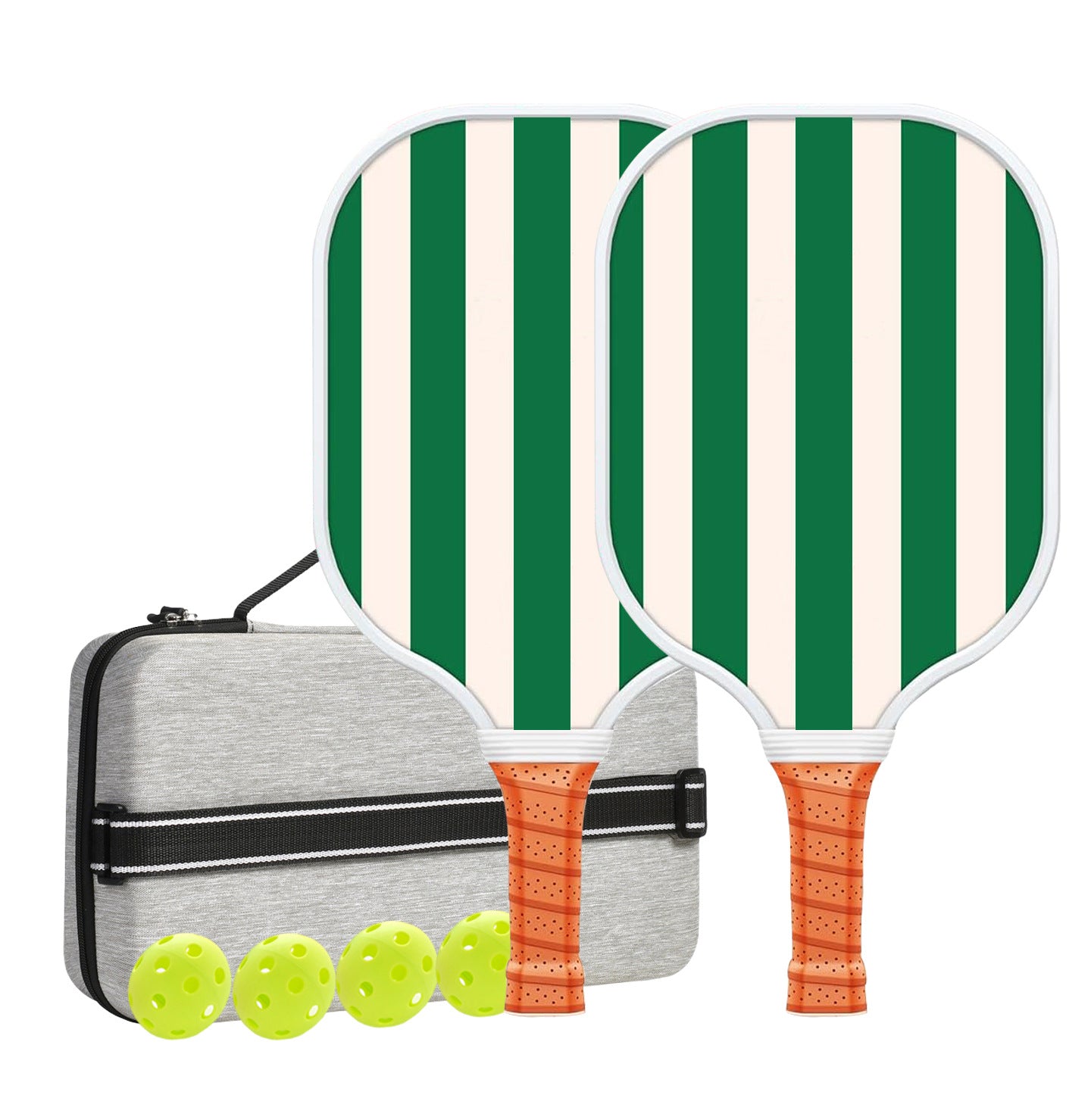 White And Green Vertical Stripes Carbon Fiber Paddle Set - 2 Paddles, 4 Balls, and Carry Bag