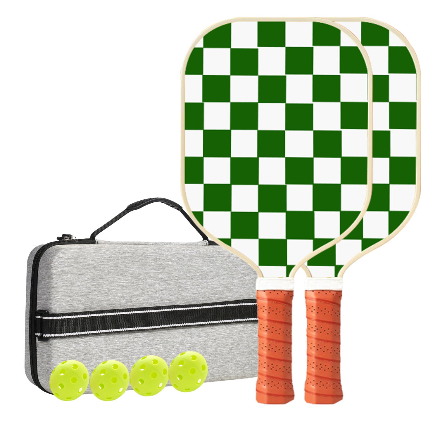 White And Green Checkered T700 Carbon Fiber Paddle Set - 2 Paddles, 4 Balls, and Carry Bag