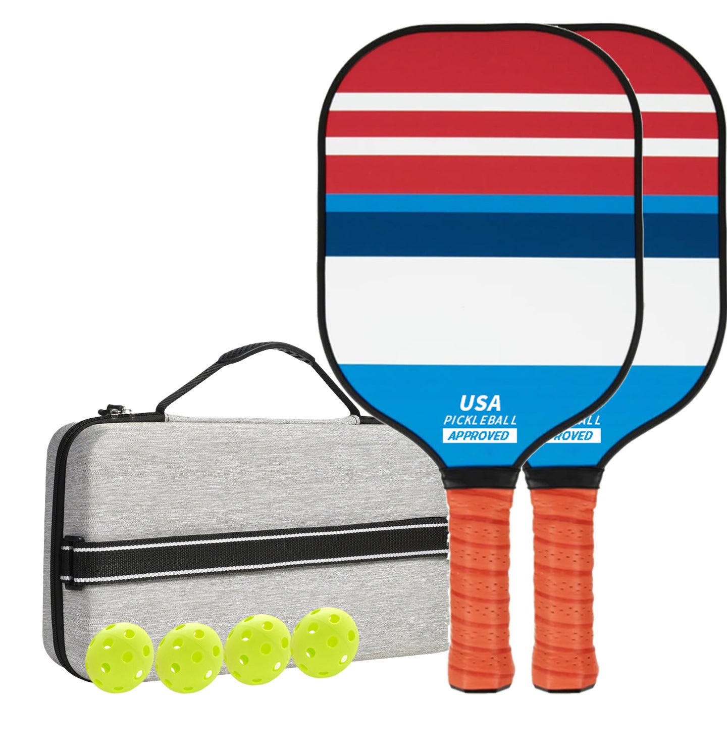 Blue, Red, White Striped Fiberglass Pickleball Paddle Set - 2 Paddles, 4 Balls, and Portable Carry Bag for Outdoor Play