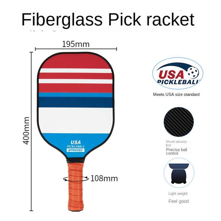 Blue, Red, White Striped Fiberglass Pickleball Paddle Set - 2 Paddles, 4 Balls, and Portable Carry Bag for Outdoor Play