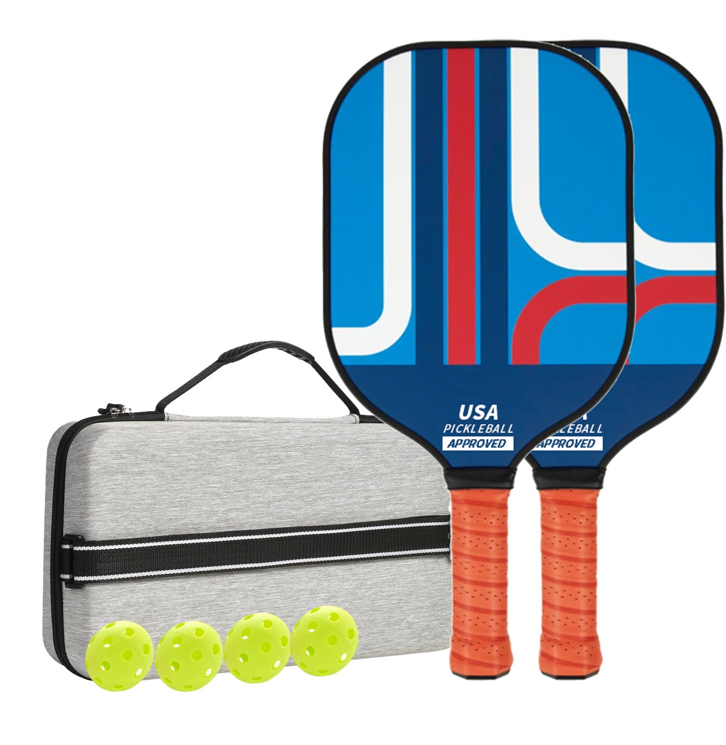 Blue, Red, White Patterned Fiberglass Pickleball Paddle Set - 2 Paddles, 4 Balls, and Portable Carry Bag for Outdoor Play