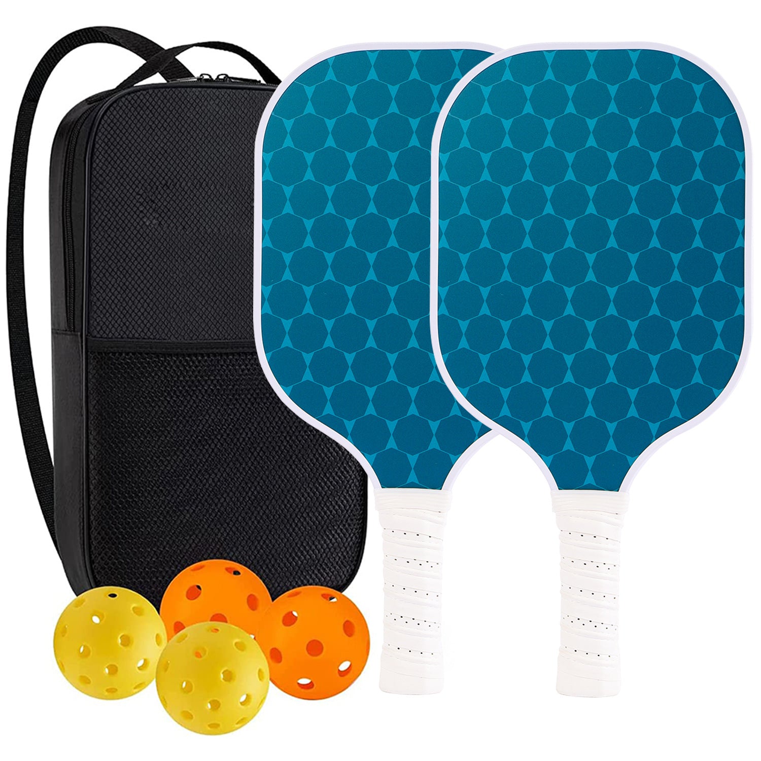 Blue Dots Fiberglass Pickleball Paddle Set with Carry Bag & 2 Paddles & 4 Balls