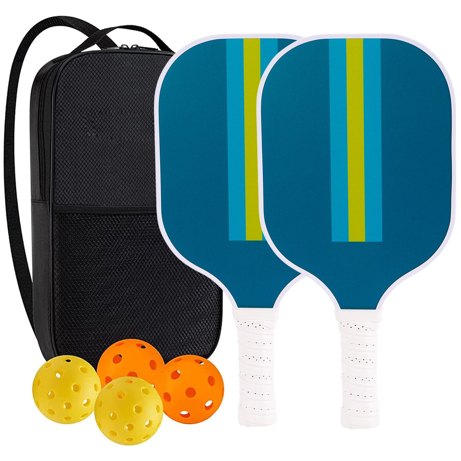 Blue Stripe Fiberglass Pickleball Paddle Set with Carry Bag & 2 Paddles & 4 Balls