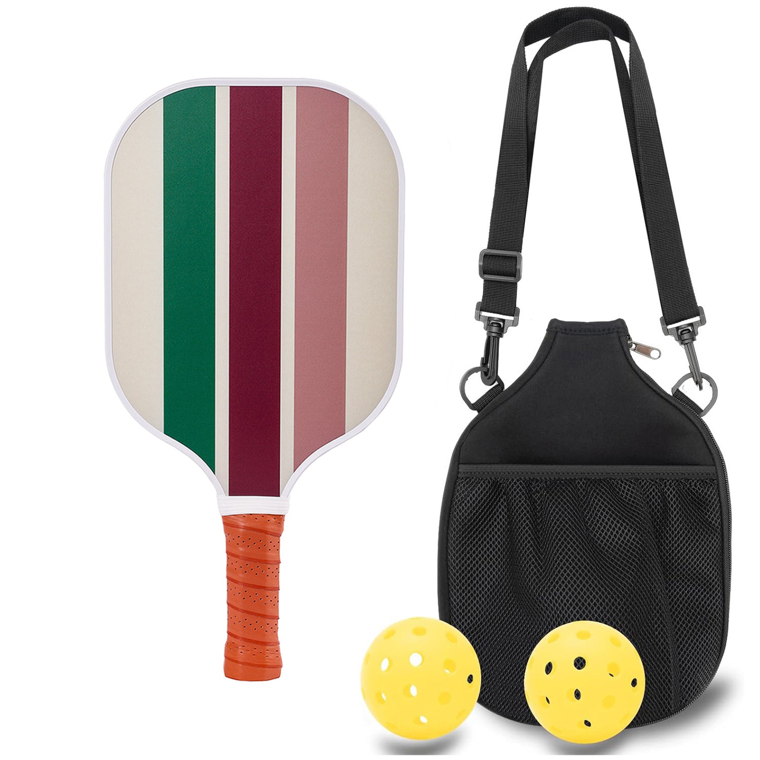 Colorful Stripes Fiberglass Pickleball Paddle Set - with Carry Bag & 2 Balls & Paddle