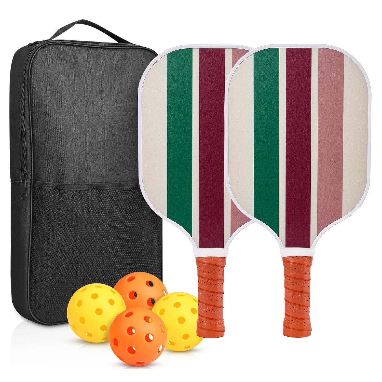 Colorful Stripes Fiberglass Pickleball Paddle Set with Carry Bag & 4 Balls & 2 Paddles
