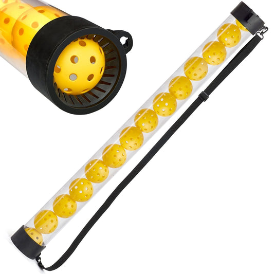14-Piece Yellow 40 Hole Pickleball Balls with Clear Pickleball Ball Retriever Tube for Indoor / Outdoor Play - No Bending Ball Collector with Shoulder Strap and Fence Hook - Practical Pickleball Court Accessory