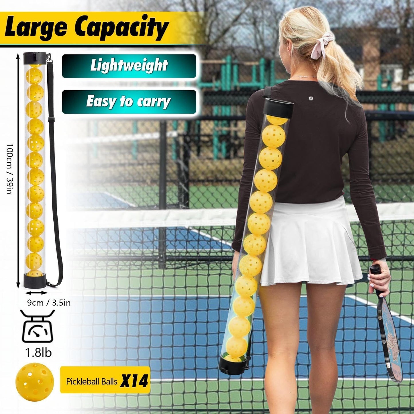 14-Piece Blue 40 Hole Pickleball Balls with Clear Pickleball Ball Retriever Tube for Indoor / Outdoor Play - No Bending Ball Collector with Shoulder Strap and Fence Hook - Practical Pickleball Court Accessory