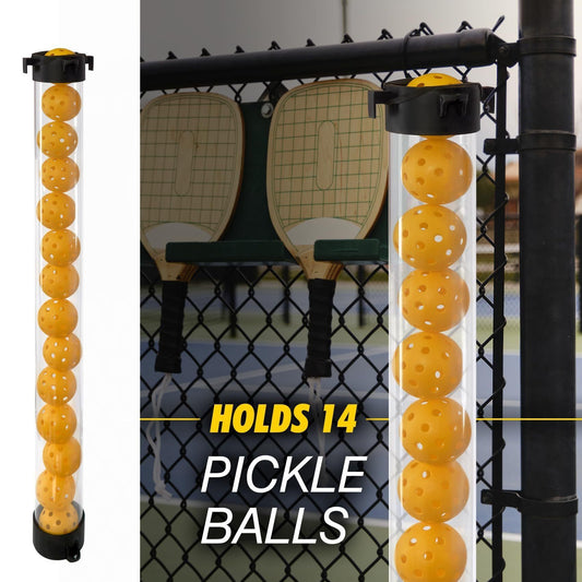 14-Piece Blue 40 Hole Pickleball Balls with Clear Pickleball Ball Retriever Tube for Indoor / Outdoor Play - No Bending Ball Collector with Shoulder Strap and Fence Hook - Practical Pickleball Court Accessory